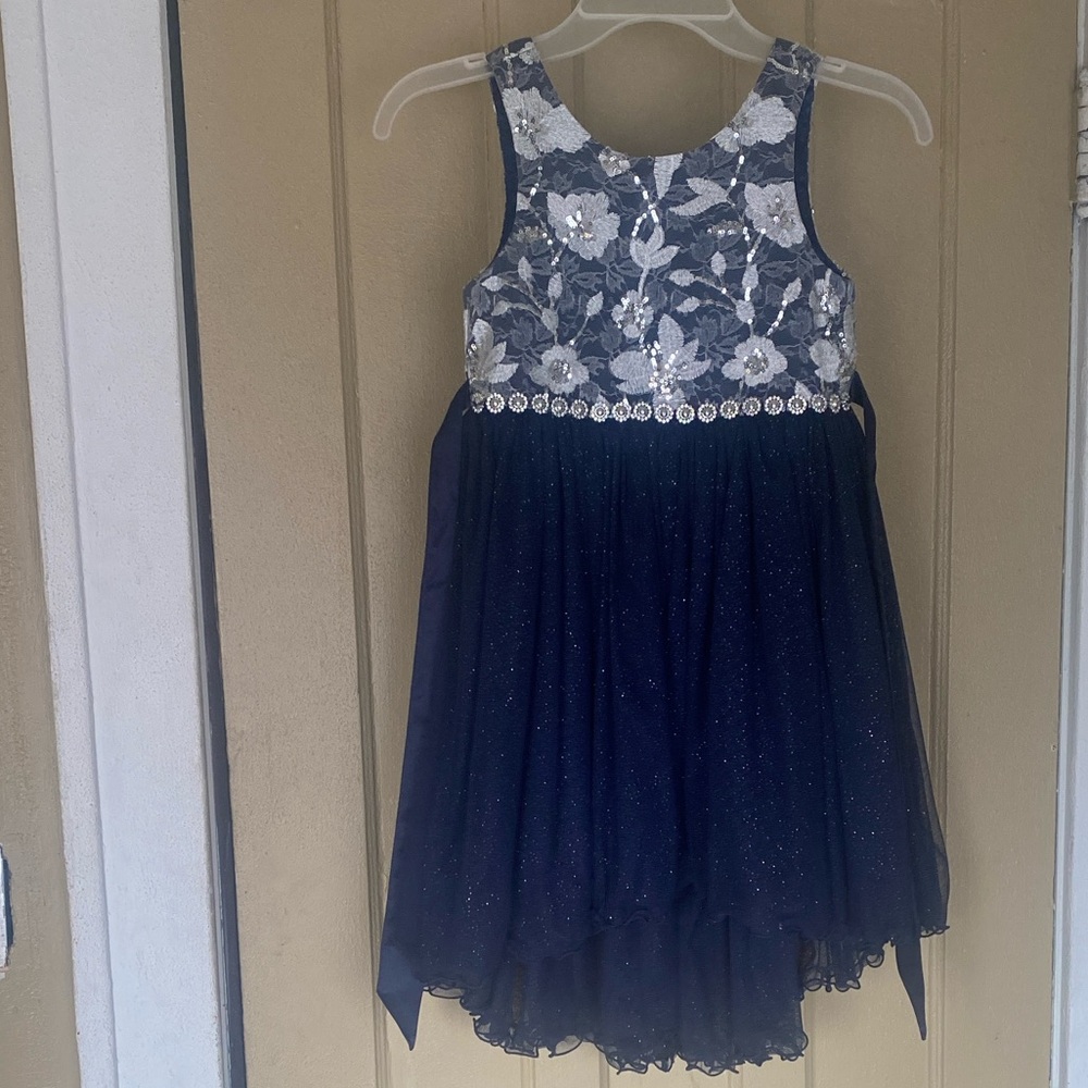 American Princess Navy Satin Dress with Silver Sequin Overlay